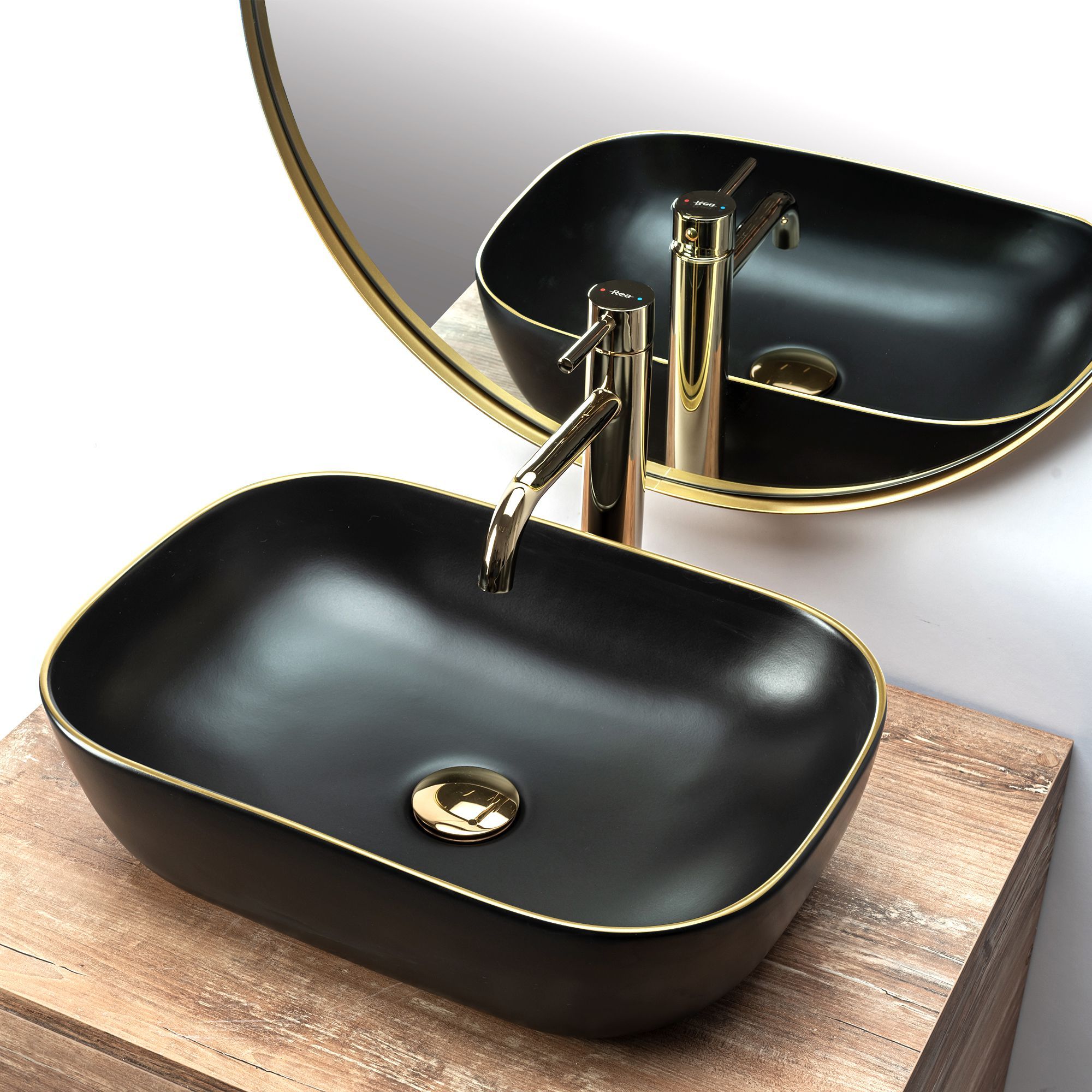 REA Belinda Waschtisch Black Matt Gold Edge, Schwarz, matt, 46,5x33 cm, Aufsatzmontage, Sanitärkeramik