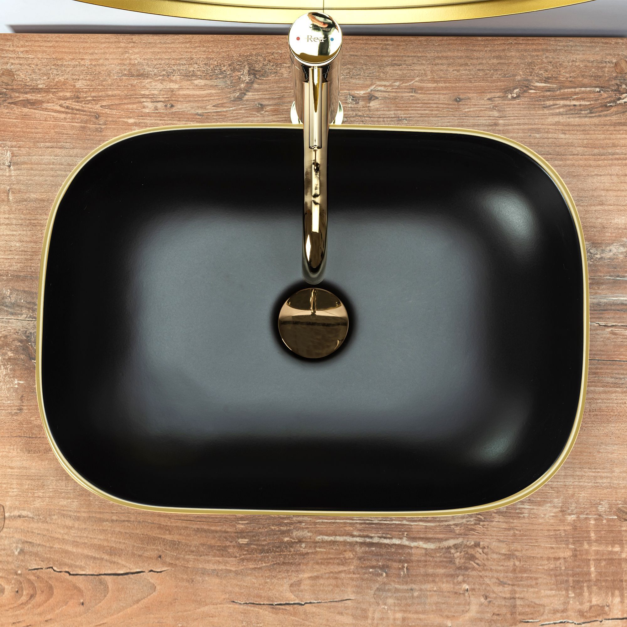 REA Belinda Waschtisch Black Matt Gold Edge, Schwarz, matt, 46,5x33 cm, Aufsatzmontage, Sanitärkeramik