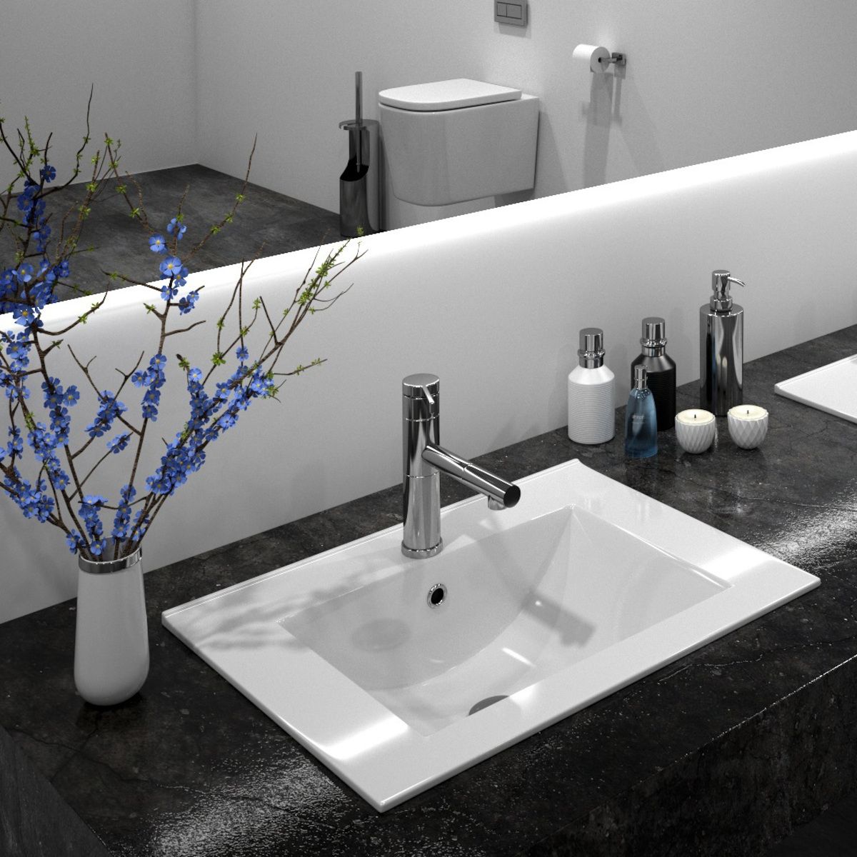 REA Dafne Waschbecken, Weiß, glänzend, 71x46,5 cm, Halbeinbau, Sanitärkeramik, mit Hahnloch und Überlauf