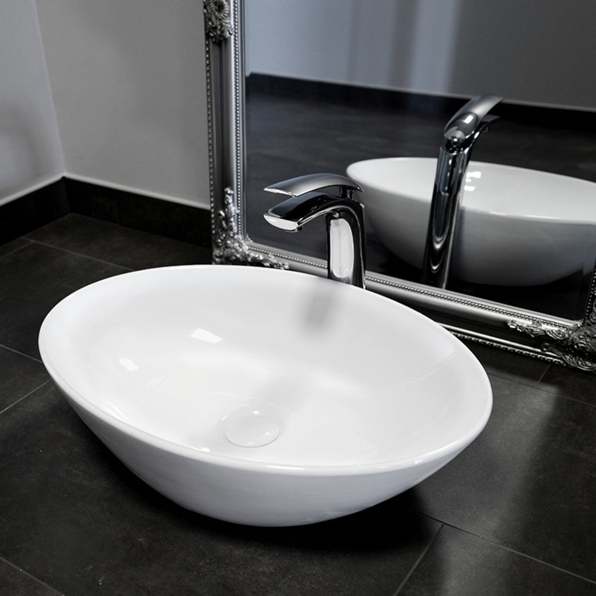 REA HANA Waschbecken, Weiß, glänzend, 56x39 cm, Slim Edge Kollektion, Aufsatzmontage, Sanitärkeramik