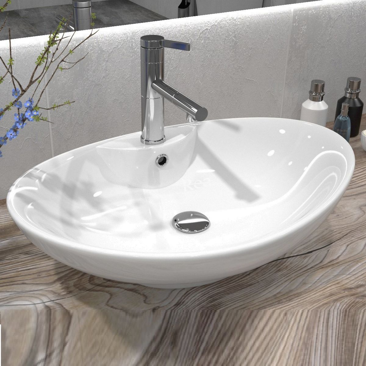 REA ROS 2 Waschbecken, Weiß, glänzend, 59x38 cm, Aufsatzmontage, Sanitärkeramik, Hahnloch