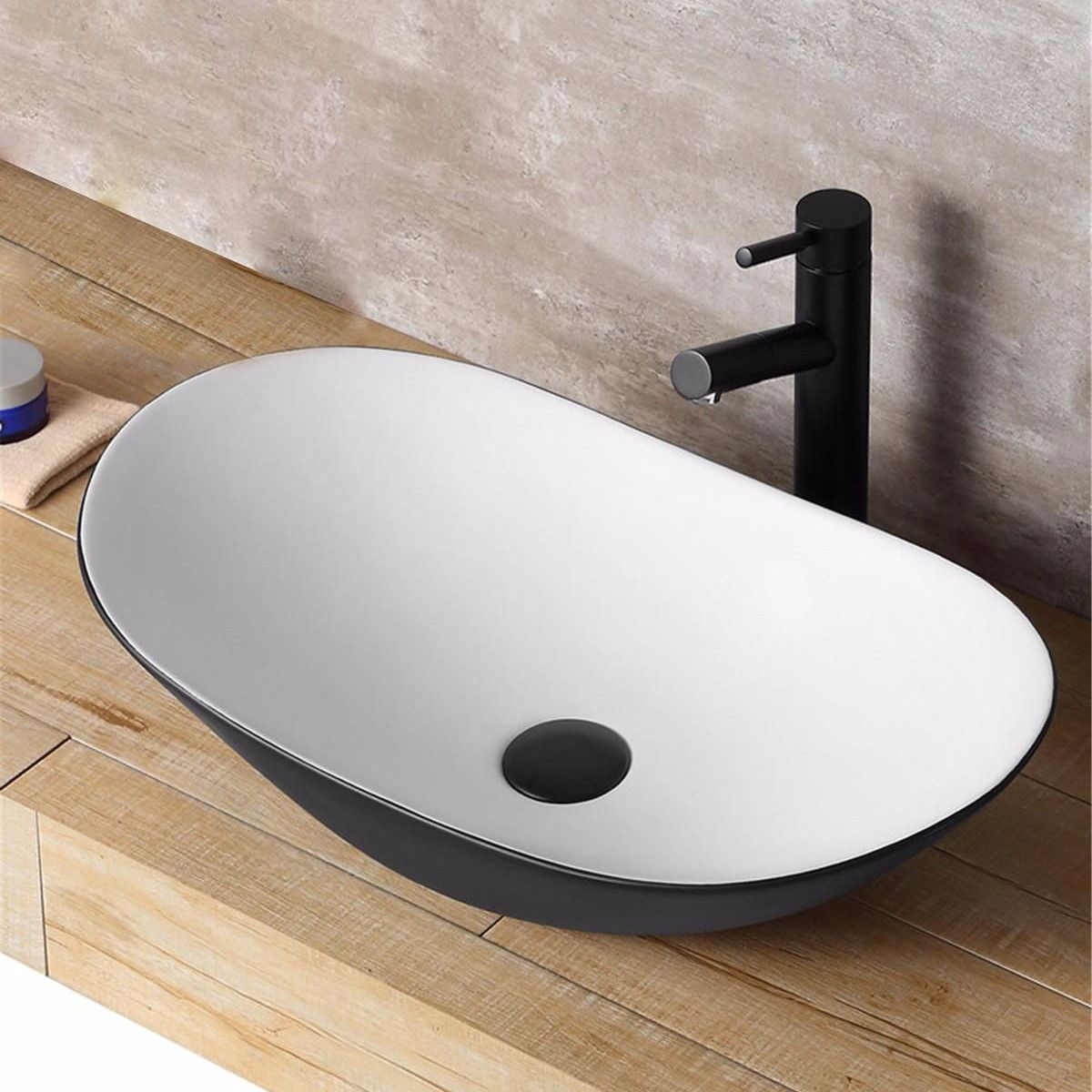 Waschbecken REA Royal, Schwarz Weiß, glänzend, 60,5x36 cm, Aufsatzmontage, Sanitärkeramik