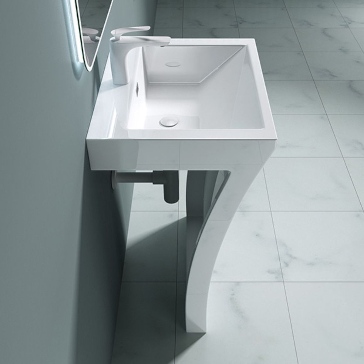 Standwaschbecken EGO 07, Weiß, glänzend, 60x48x83 cm, Bodenmontage, Marmorkomposit, Hahnloch, Überlauf, exklusives Design