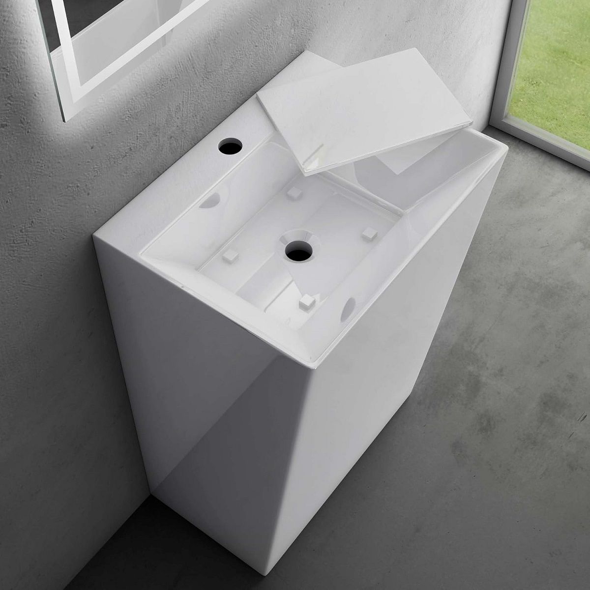 Waschtisch EGO 40, Weiß, glänzend, 55 x 42 x 85 cm, Standmodell, Marmor-Verbundwerkstoff, mit Armaturenloch
