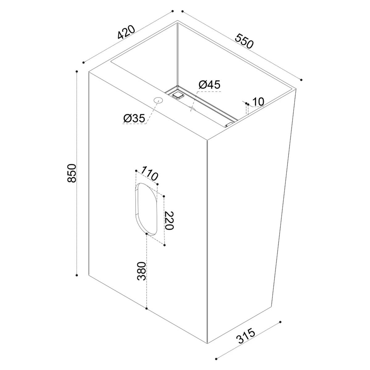 Waschtisch EGO 40, Weiß, glänzend, 55 x 42 x 85 cm, Standmodell, Marmor-Verbundwerkstoff, mit Armaturenloch