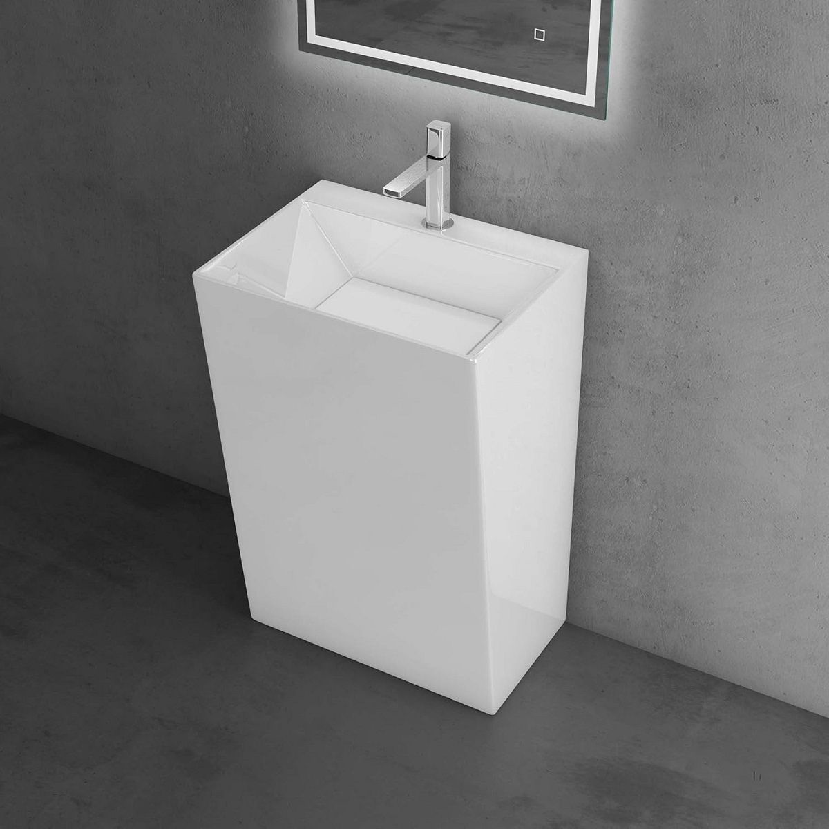 Freistehendes Waschbecken EGO 40, B-Ware, Hochglanz-Weiß, 55x42x85 cm, Bodenmontage, Marmorkomposit, mit Hahnloch