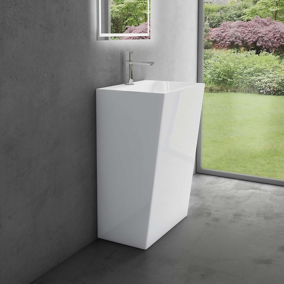 Freistehendes Waschbecken EGO 40, B-Ware, Hochglanz-Weiß, 55x42x85 cm, Bodenmontage, Marmorkomposit, mit Hahnloch
