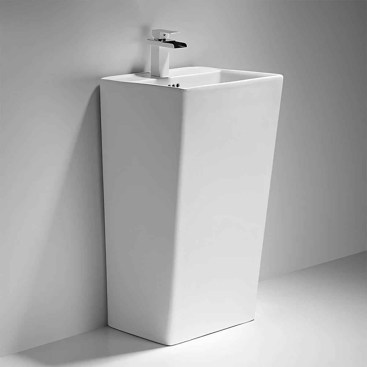 Waschbeckenständer, freistehend, Hochglanzweiß, Sanitärkeramik, 46.5 x 42.5 x 84 cm, Wasserhahnloch, Roma