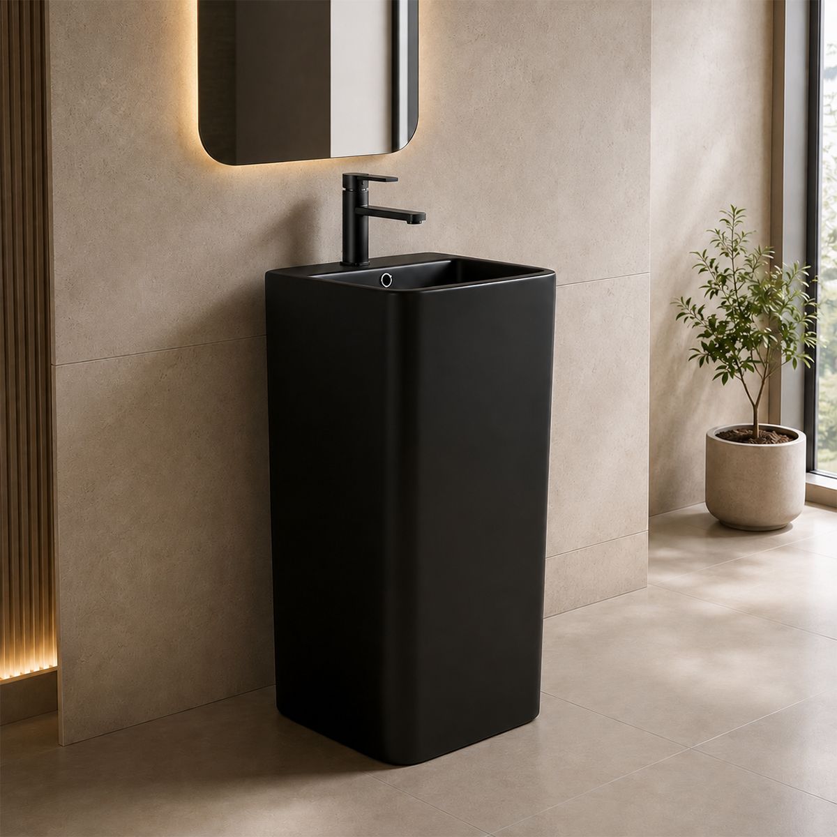 Standwaschbecken,Mattschwarz, Power Color, 40 x 40 x 84 cm, mit Armaturenloch, Sanitärkeramik, Bufon