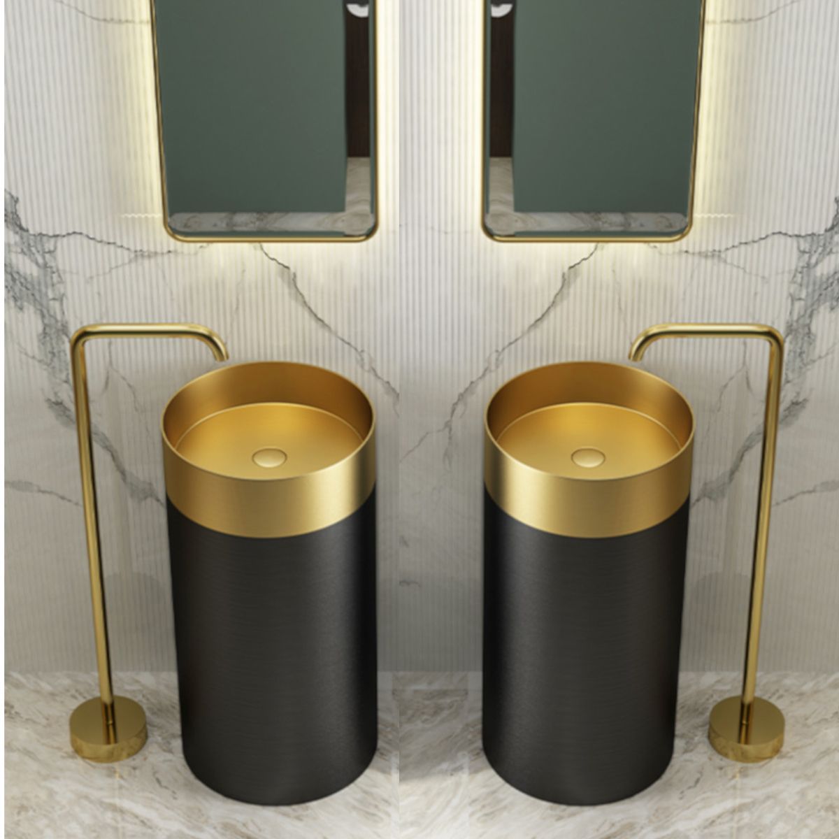 Maurio Standwaschbecken aus Edelstahl, Gebürstetes Schwarz-Gold, 40x40x80 cm, ohne Armaturloch, Bodenmontage