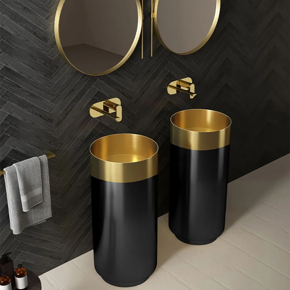Maurio Standwaschbecken aus Edelstahl, Gebürstetes Schwarz-Gold, 40x40x80 cm, ohne Armaturloch, Bodenmontage