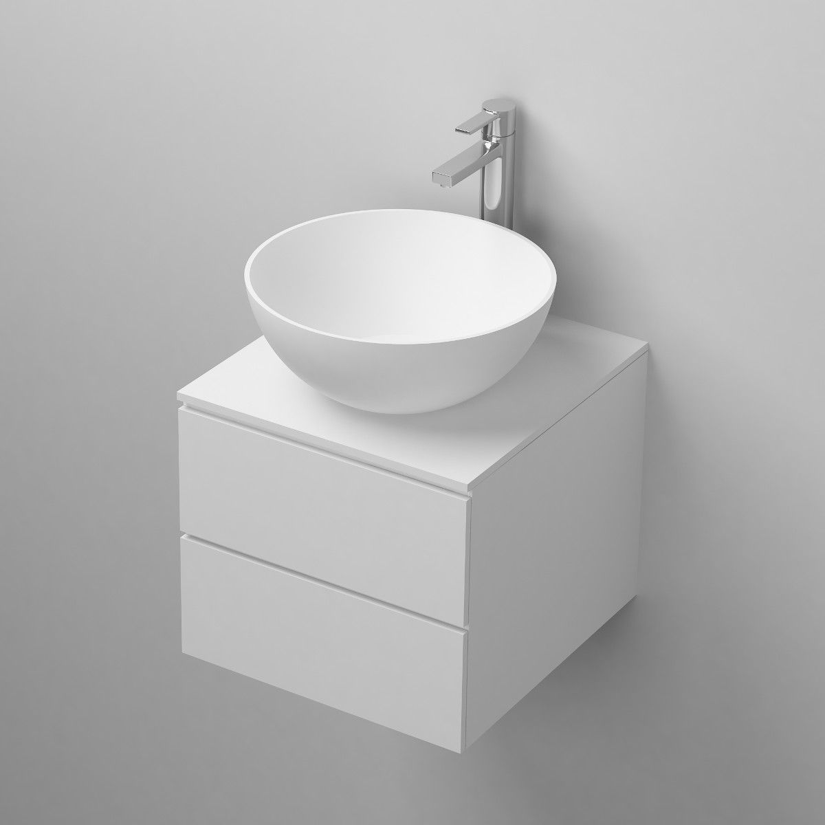 Waschbecken Vanda, Mineralwerkstoff, Aufsatzmontage, Mattweiß, ohne Hahnloch, Durchmesser 40 cm