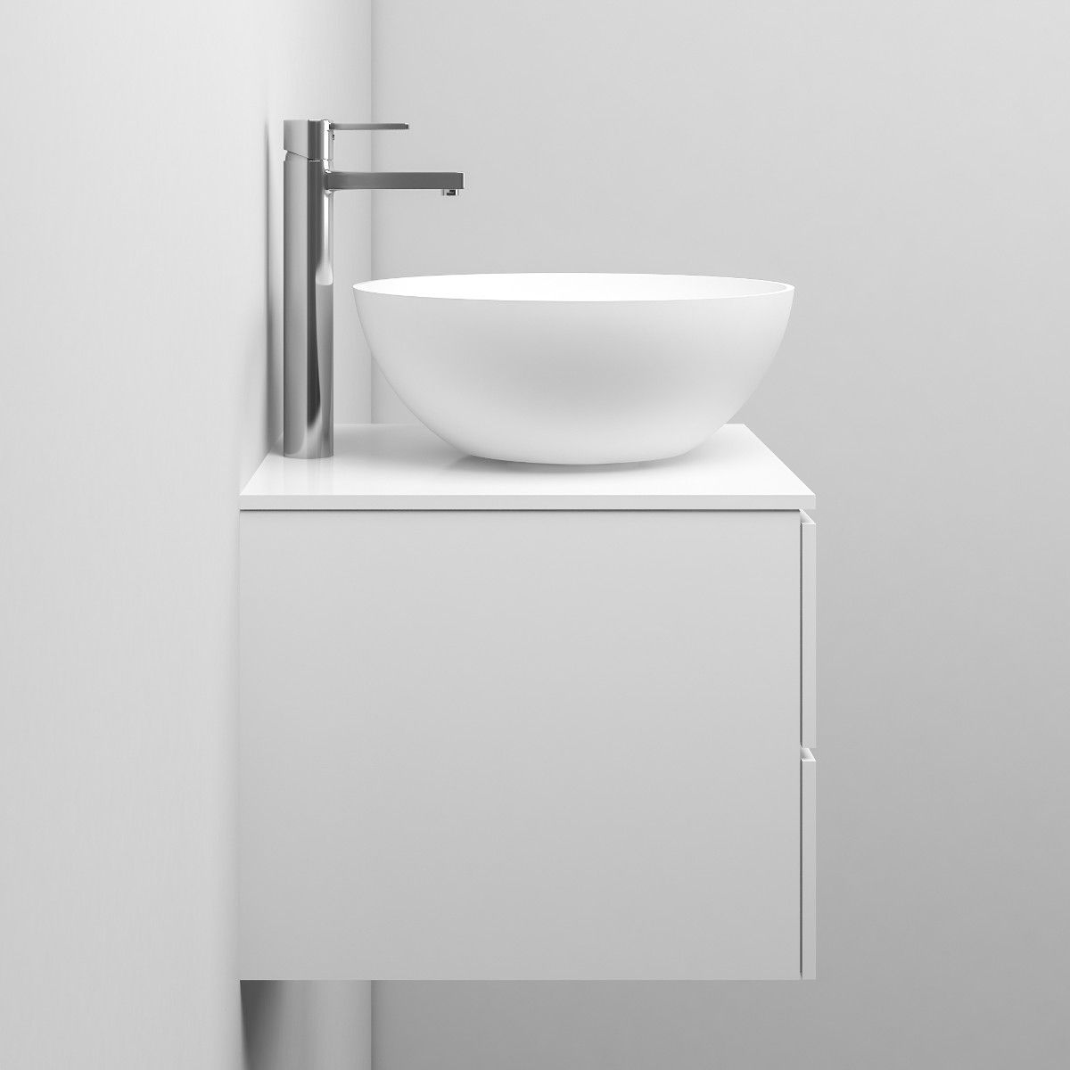 Waschbecken Vanda, Mineralwerkstoff, Aufsatzmontage, Mattweiß, ohne Hahnloch, Durchmesser 40 cm