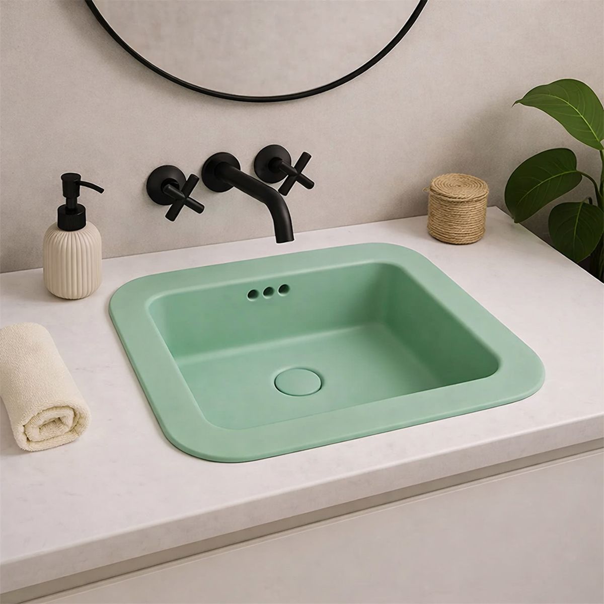 Waschbecken, Verde Mint Mat, Power Color, halb eingebaut, ohne Hahnloch, Sanitärkeramik, 60 x 44 cm, Monza
