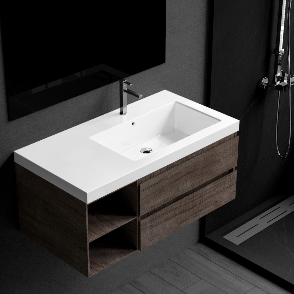 Waschbecken Zina, Mineralwerkstoff, Halb-Einbaumontage, mit Becken rechts, 90x47 cm