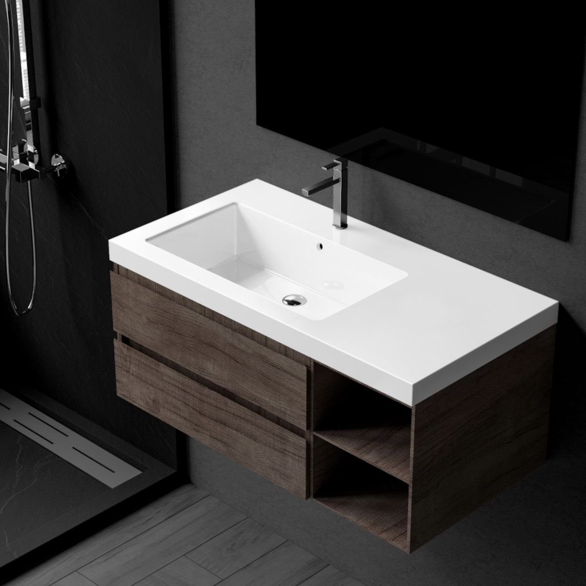 Waschbecken Zina, Mineralwerkstoff , Halb-Einbaumontage, mit Becken links, 90x47 cm