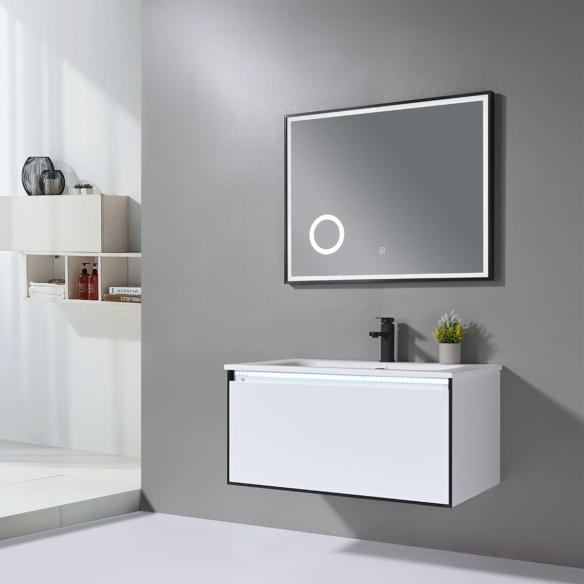 Badezimmermöbel mit Corian-Komposit-Waschbecken, LED-Beleuchtung, Soft-Close-System, Maße: 90 x 52 cm, Halo