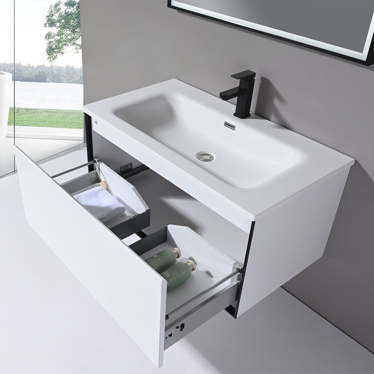 Badezimmermöbel mit Corian-Komposit-Waschbecken, LED-Beleuchtung, Soft-Close-System, Maße: 90 x 52 cm, Halo