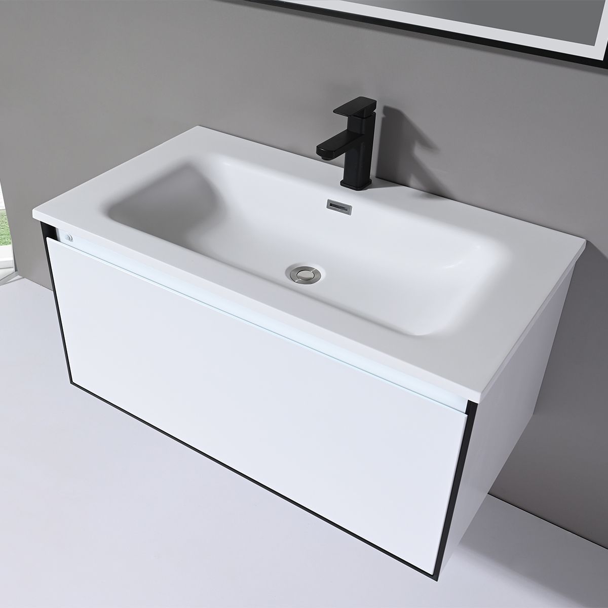 Badezimmermöbel mit Corian-Komposit-Waschbecken, LED-Beleuchtung, Soft-Close-System, Maße: 90 x 52 cm, Halo