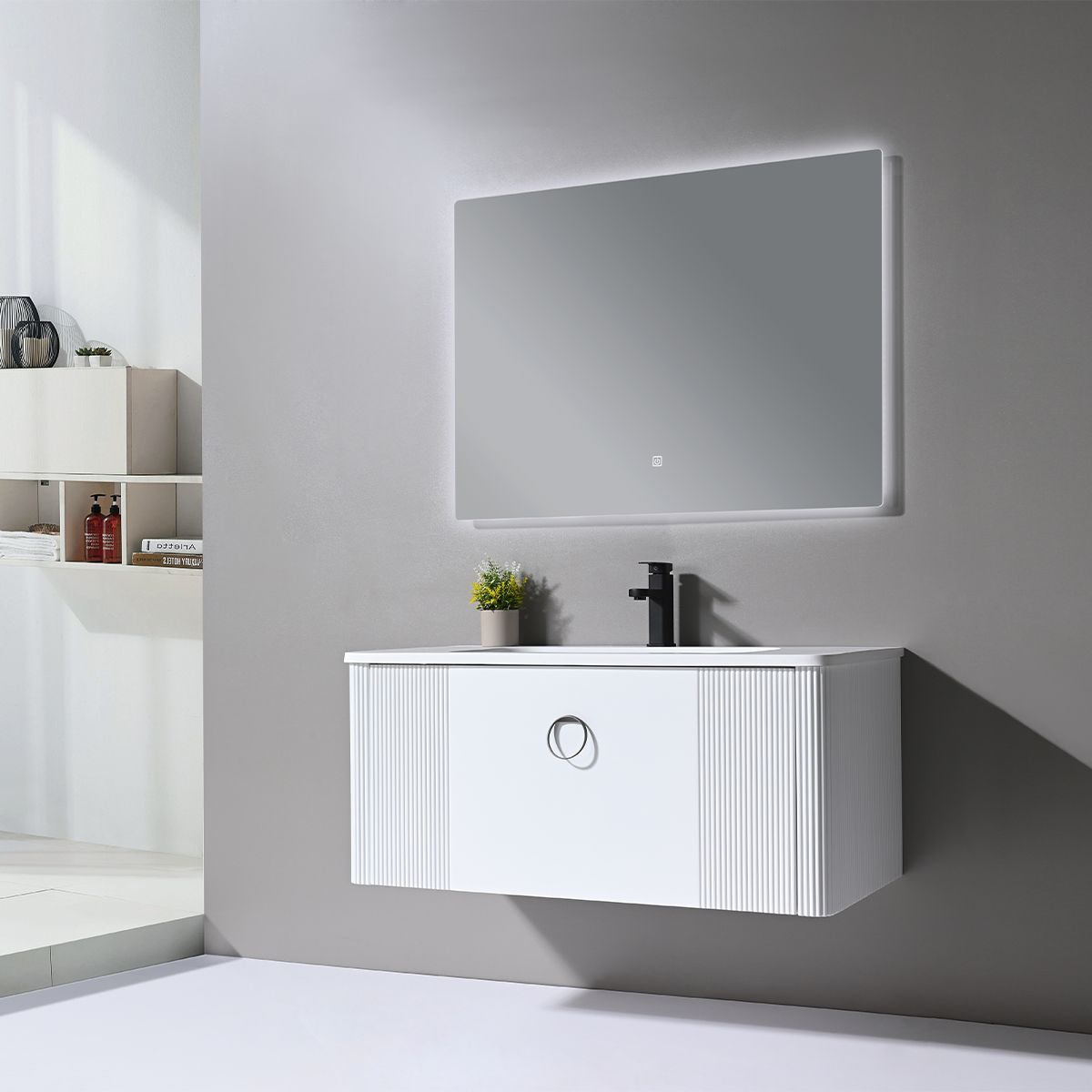 Badezimmermöbel aus MDF mit Corian-Komposit-Waschbecken, Maße: 100 x 52 cm, Soft-Close-System, Nest
