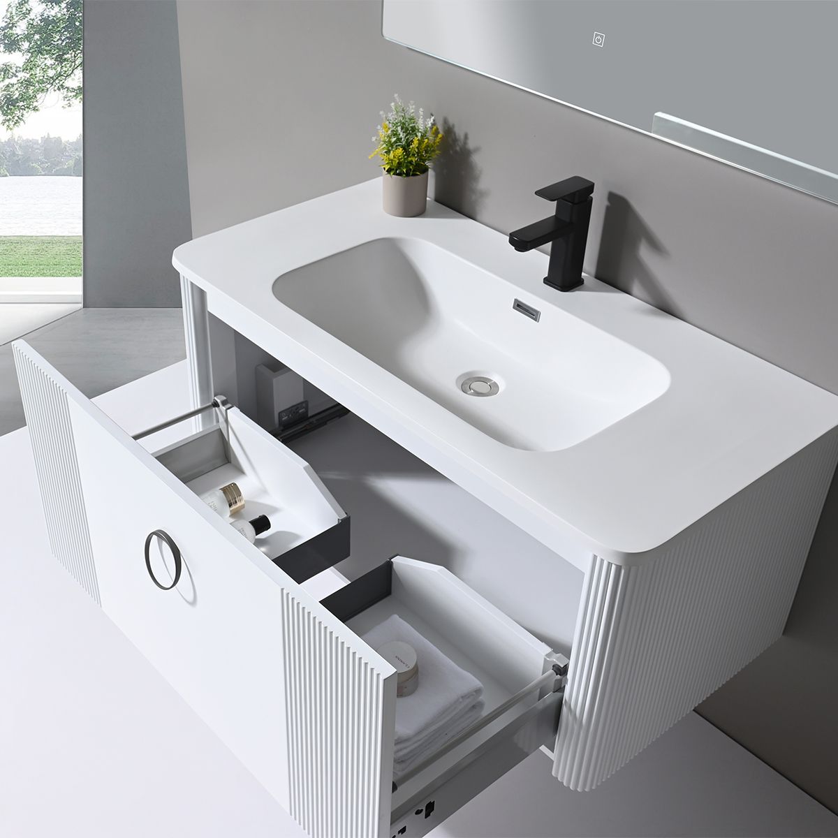 Badezimmermöbel aus MDF mit Corian-Komposit-Waschbecken, Maße: 100 x 52 cm, Soft-Close-System, Nest