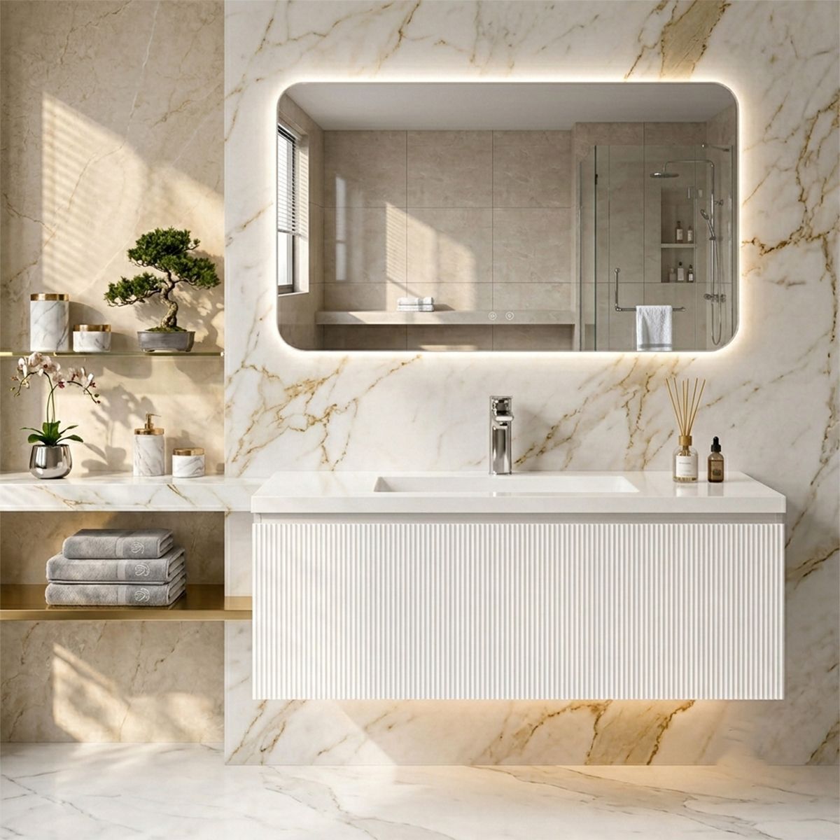 Badezimmermöbel aus MDF, Fronten mit Rillenmuster, Waschbecken aus Verbundwerkstoff, Soft-Close, 120 x 46 x 49 cm, Weiß, Evo