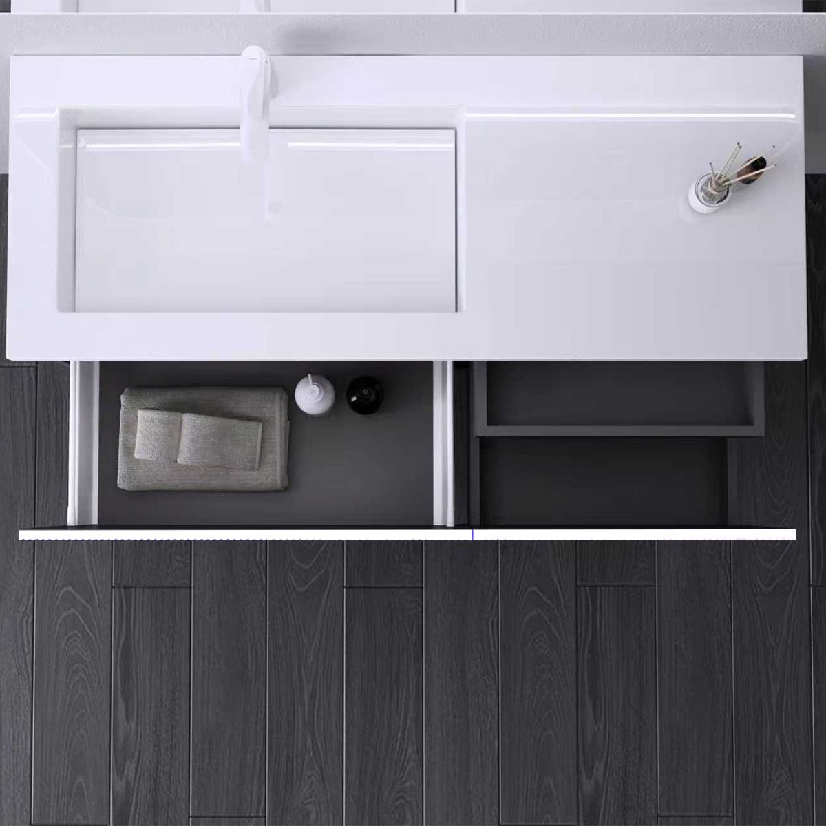 Badezimmermöbel aus MDF, Fronten mit Rillenmuster, Waschbecken aus Verbundwerkstoff, Soft-Close, 120 x 46 x 49 cm, Weiß, Evo
