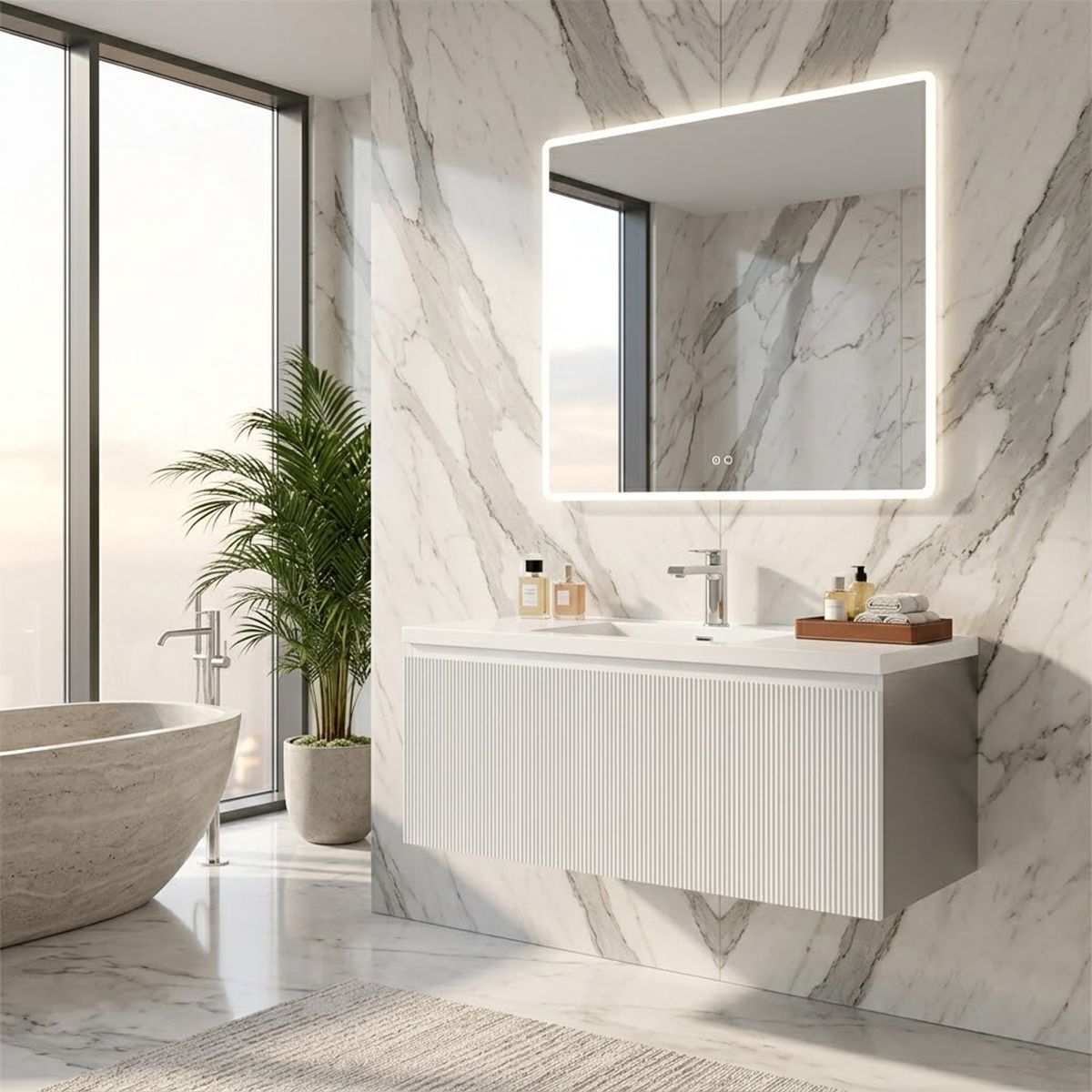 Badezimmermöbel aus MDF, Fronten mit Rillenmuster, Waschbecken aus Verbundwerkstoff, Soft-Close, 120 x 46 x 49 cm, Weiß, Evo