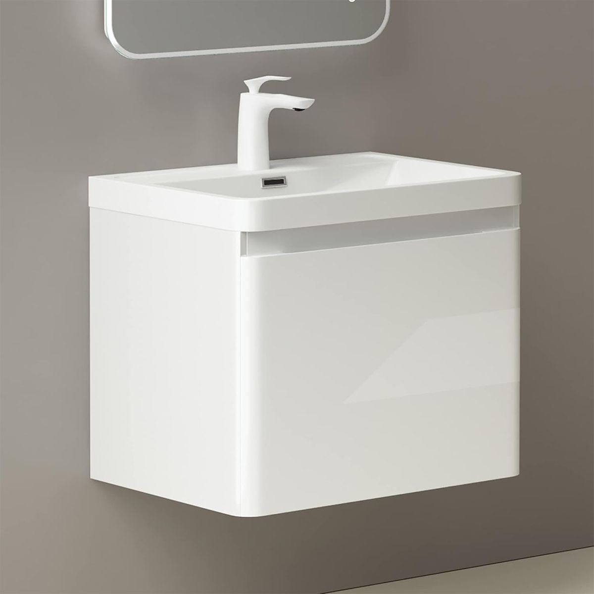 Badezimmermöbel aus MDF lackiertes, Mineralguss-Waschbecken, Soft-Close-System, 60x42x55 cm, glänzend Weiß, Verona
