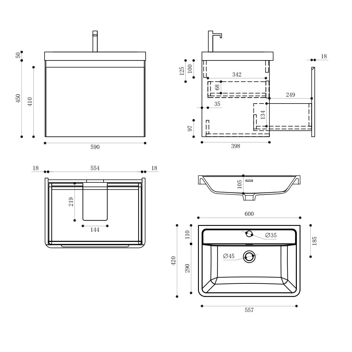 Badezimmermöbel aus MDF lackiertes, Mineralguss-Waschbecken, Soft-Close-System, 60x42x55 cm, glänzend Weiß, Verona