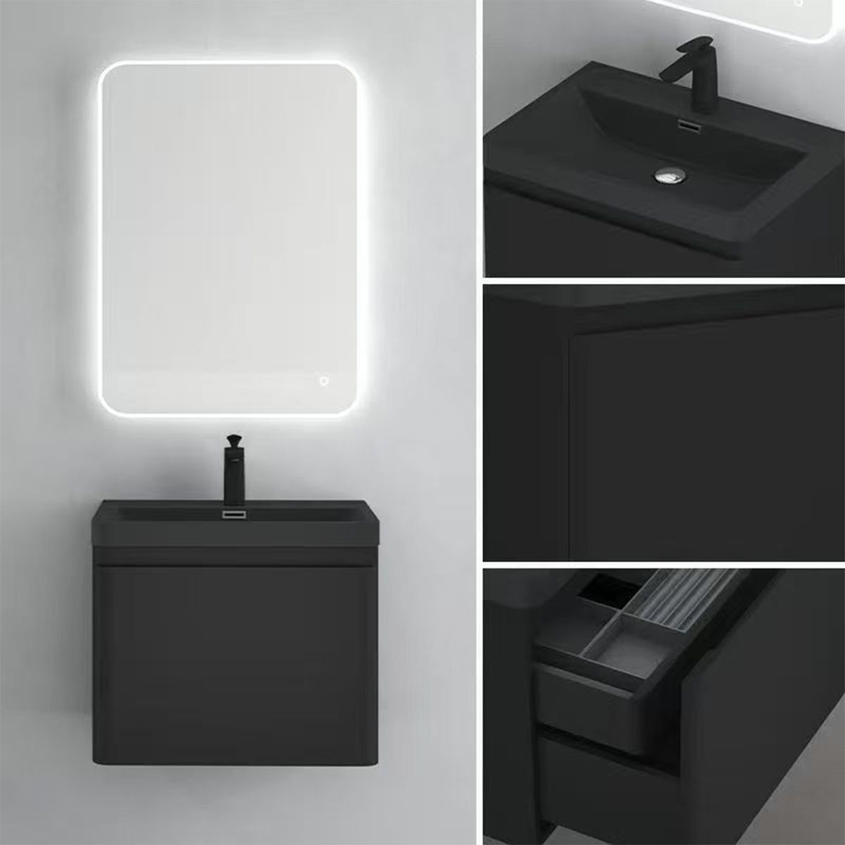 Badezimmermöbel aus MDF lackiertes, Mineralguss-Waschbecken, Soft-Close-System, 60x42x55 cm, Mattschwarz, Verona
