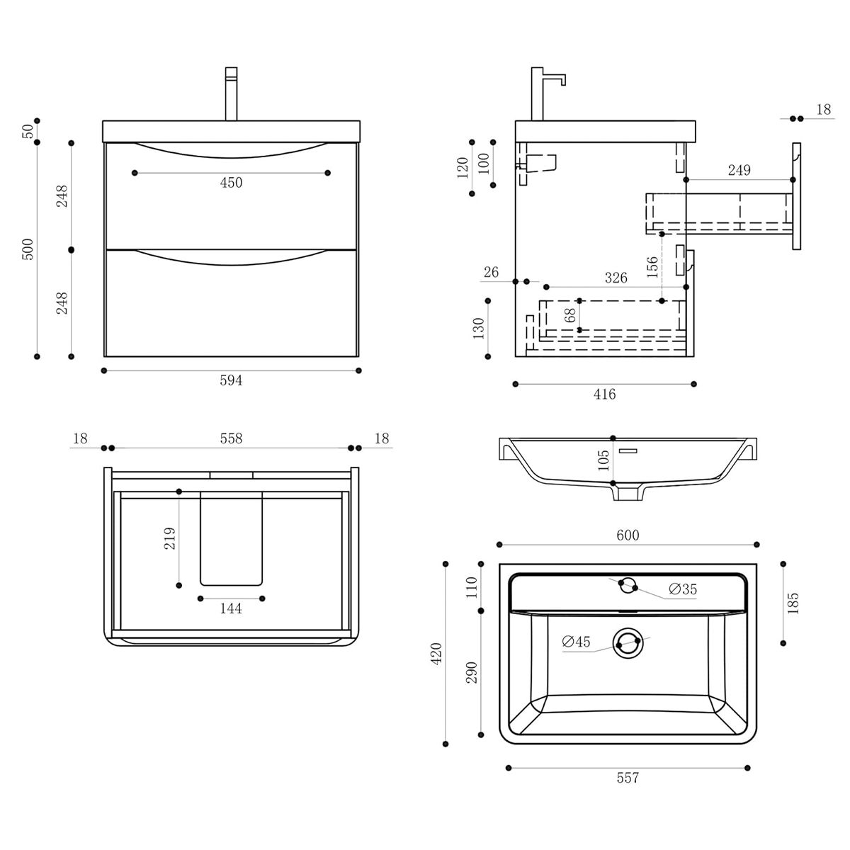 Badezimmermöbel, lackiertes MDF, Komposit-Waschbecken, Schubladentrenner, Soft-Close, 60/90 cm, Weiß Hochglanz, Trieste