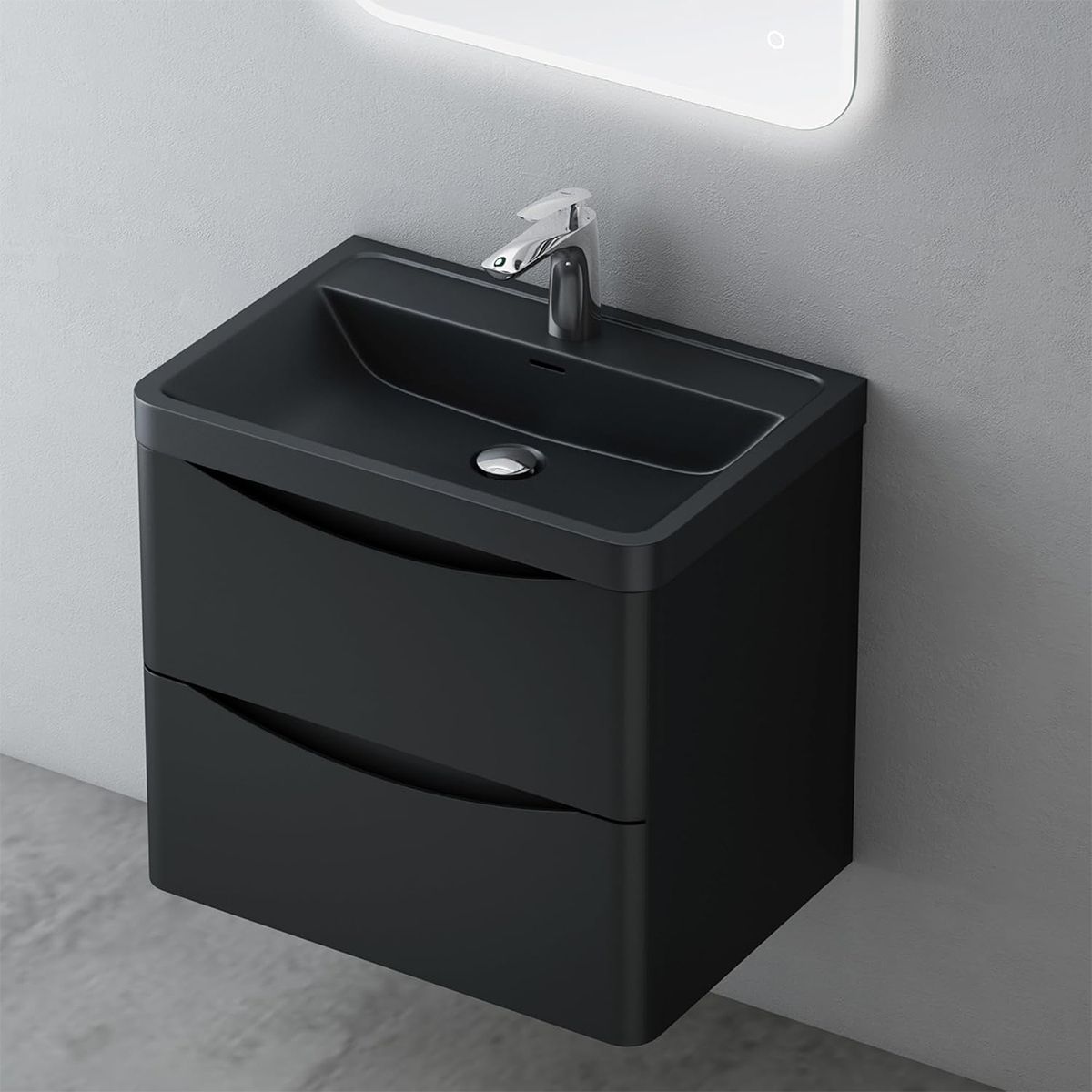 Badezimmermöbel, lackiertes MDF, Komposit-Waschbecken, Schubladentrenner, Soft-Close, 60/90 cm, Mattschwarz, Trieste