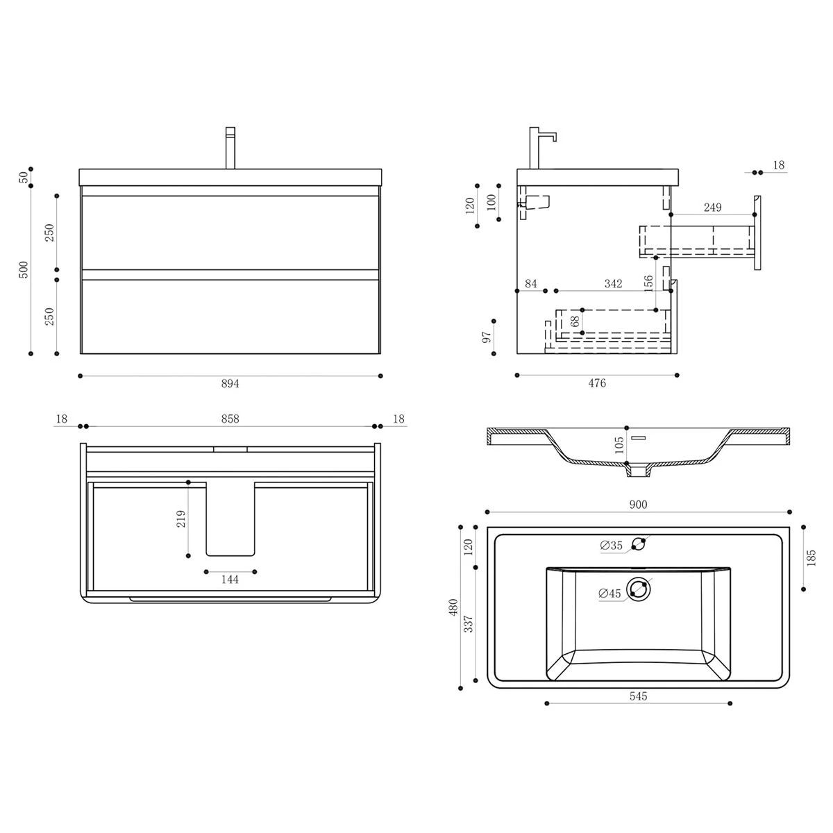 Badezimmermöbel, lackiertes MDF, Komposit-Waschbecken, Schubladentrenner, Soft-Close, 60/90 cm, Mattschwarz, Trieste