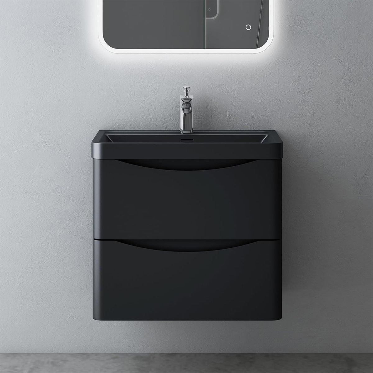 Badezimmermöbel, lackiertes MDF, Komposit-Waschbecken, Schubladentrenner, Soft-Close, 60/90 cm, Mattschwarz, Trieste