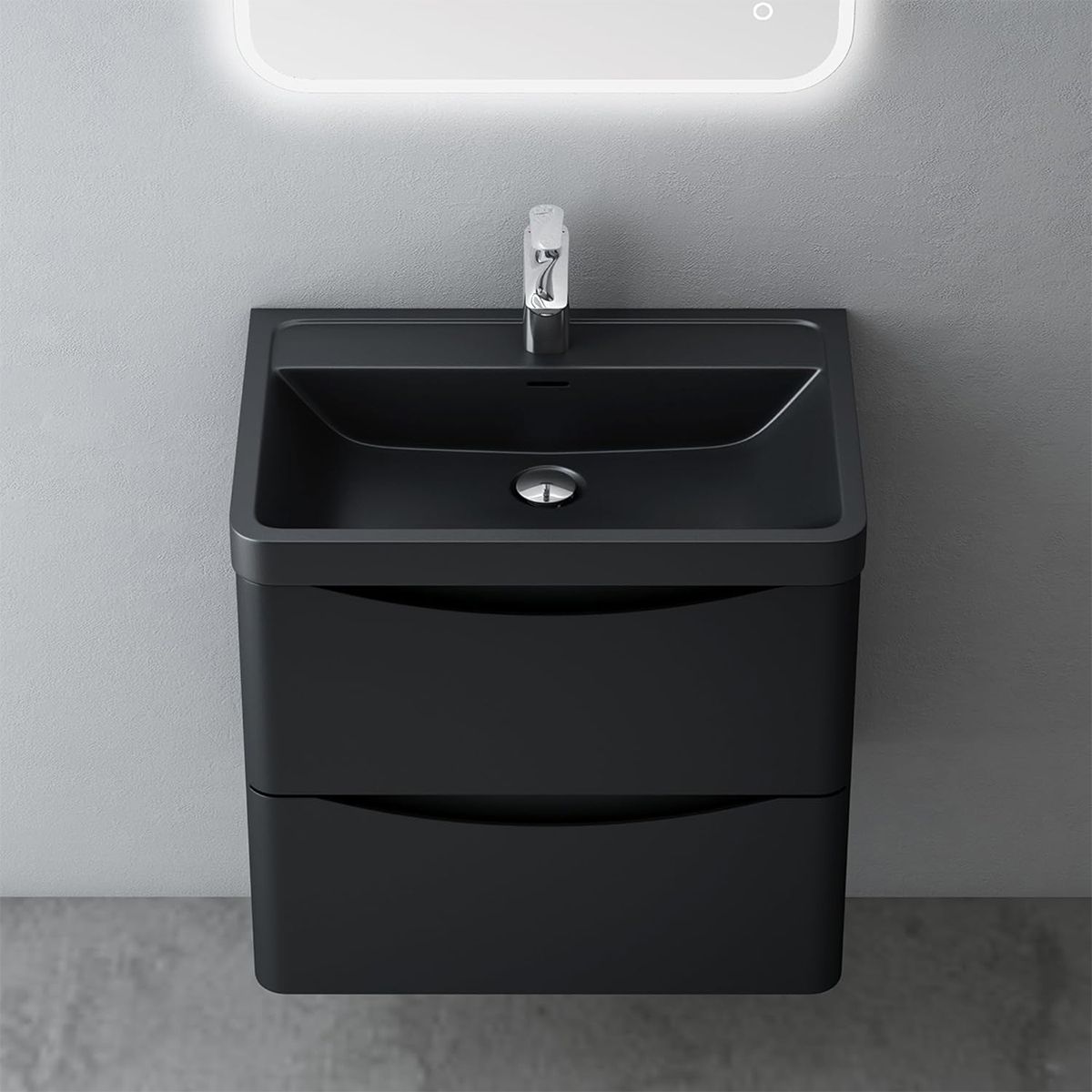 Badezimmermöbel, lackiertes MDF, Komposit-Waschbecken, Schubladentrenner, Soft-Close, 60/90 cm, Mattschwarz, Trieste