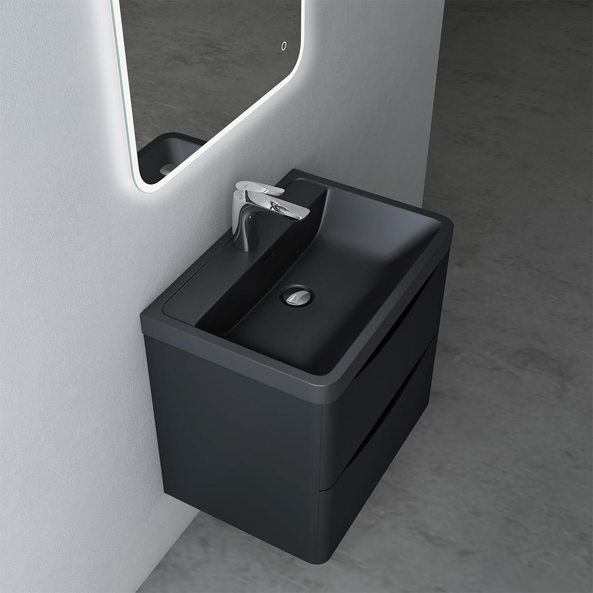 Badezimmermöbel, lackiertes MDF, Komposit-Waschbecken, Schubladentrenner, Soft-Close, 60/90 cm, Mattschwarz, Trieste