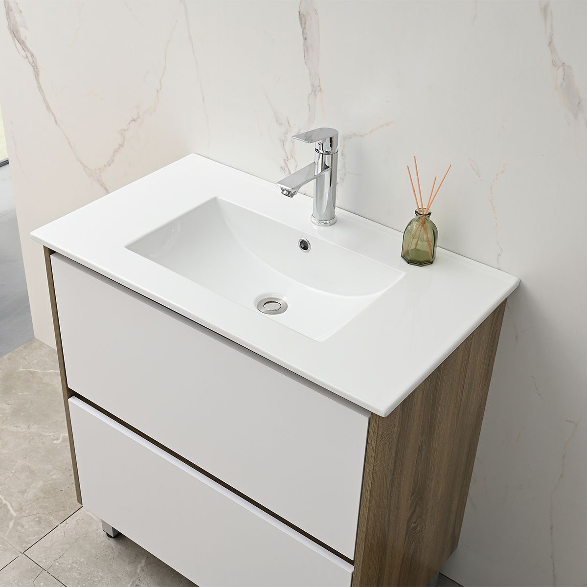 Badezimmermöbel mit Waschbecken, Schichtholz, 80x46 cm, 2 Schubladen mit Soft-Close, Weiß Eiche, Costa