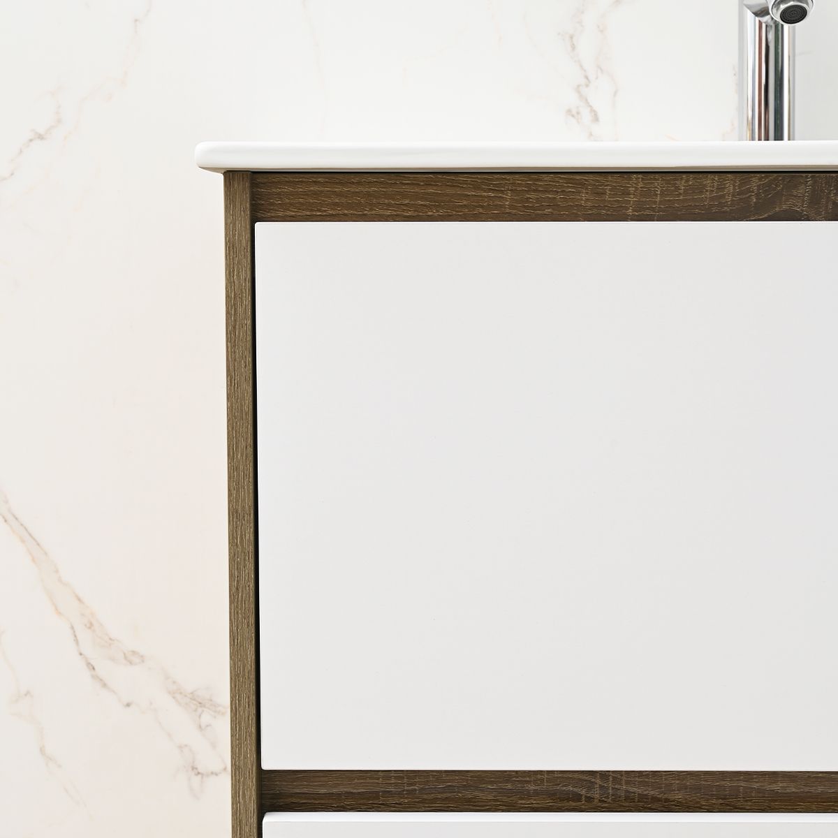 Badezimmermöbel mit Waschbecken, Schichtholz, 80x46 cm, 2 Schubladen mit Soft-Close, Weiß Eiche, Costa