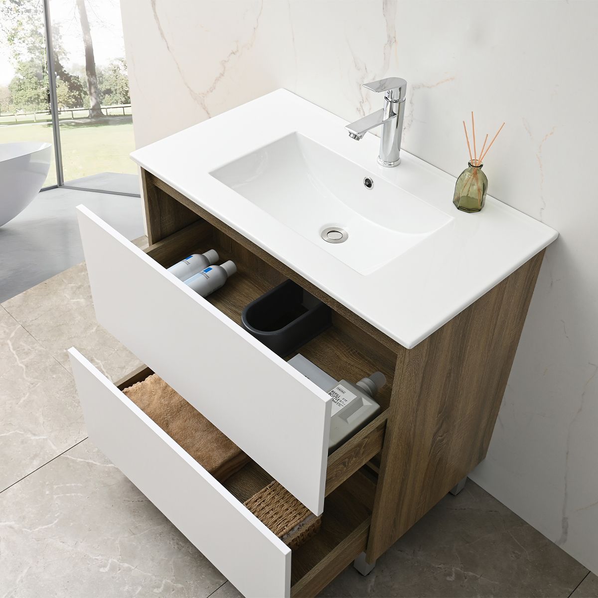 Badezimmermöbel mit Waschbecken, Schichtholz, 80x46 cm, 2 Schubladen mit Soft-Close, Weiß Eiche, Costa