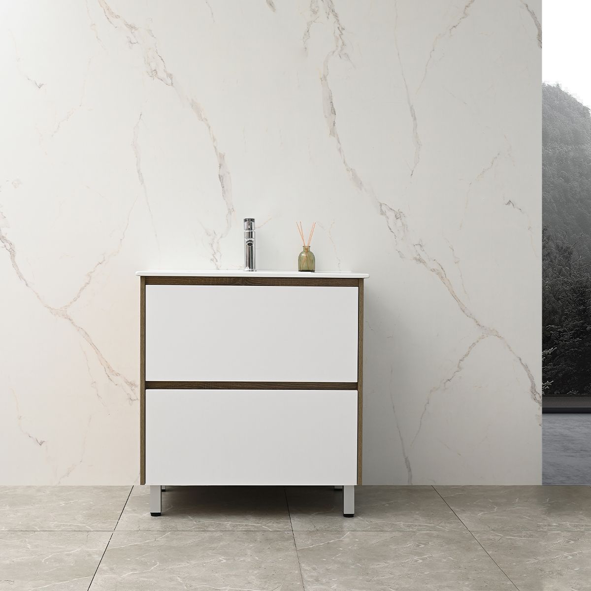 Badezimmermöbel mit Waschbecken, Schichtholz, 80x46 cm, 2 Schubladen mit Soft-Close, Weiß Eiche, Costa