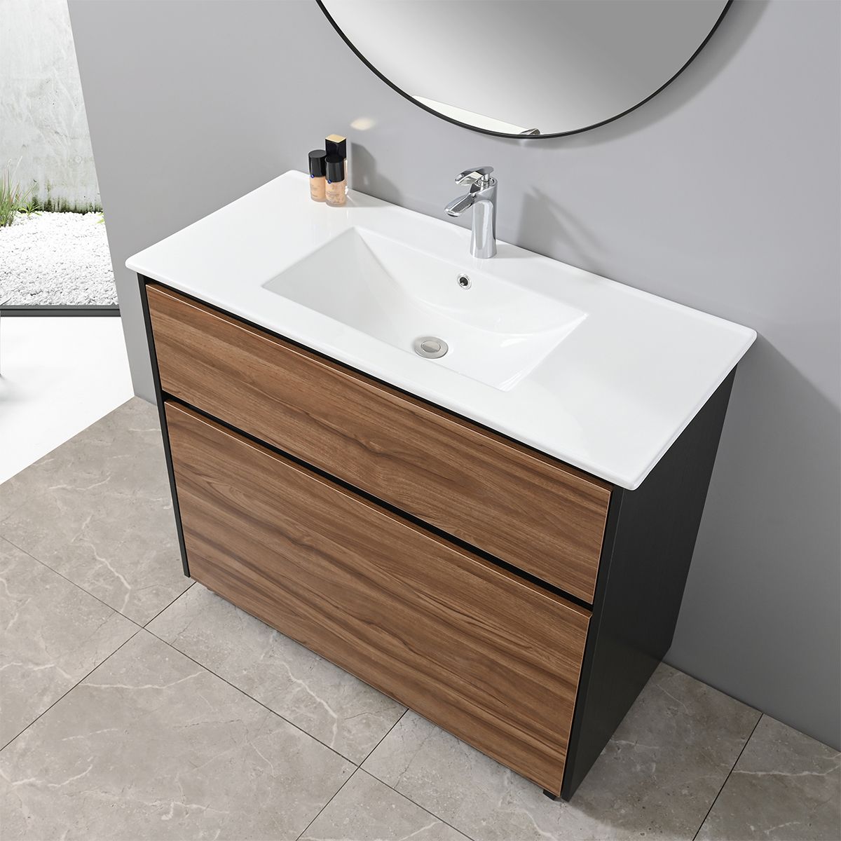 Badezimmermöbel mit Waschbecken, Schichtholz, 100x46 cm, 2 Schubladen mit Soft-Close, Eichen-Finish, Bianca