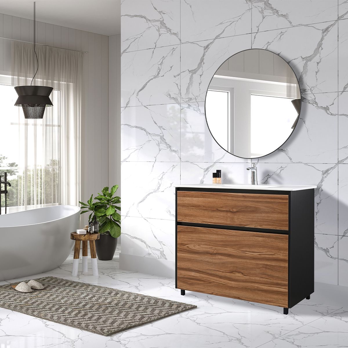 Badezimmermöbel mit Waschbecken, Schichtholz, 100x46 cm, 2 Schubladen mit Soft-Close, Eichen-Finish, Bianca