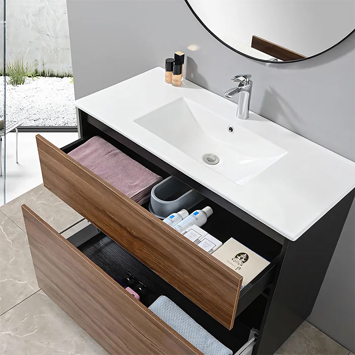Badezimmermöbel mit Waschbecken, Schichtholz, 100x46 cm, 2 Schubladen mit Soft-Close, Eichen-Finish, Bianca