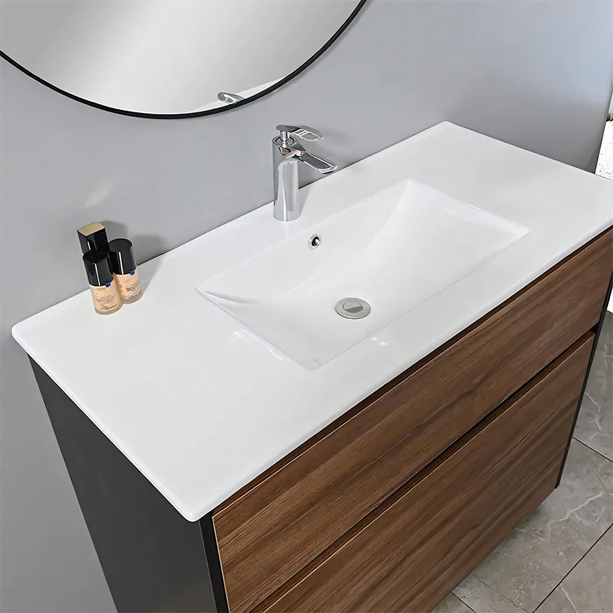 Badezimmermöbel mit Waschbecken, Schichtholz, 100x46 cm, 2 Schubladen mit Soft-Close, Eichen-Finish, Bianca