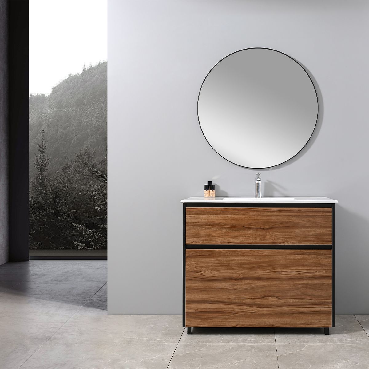 Badezimmermöbel mit Waschbecken, Schichtholz, 100x46 cm, 2 Schubladen mit Soft-Close, Eichen-Finish, Bianca