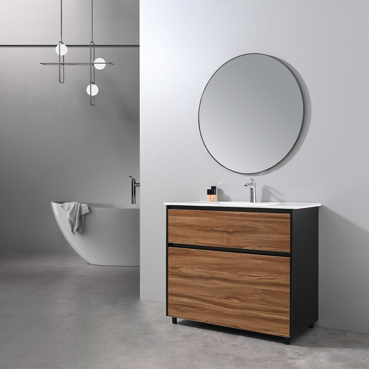 Badezimmermöbel mit Waschbecken, Schichtholz, 100x46 cm, 2 Schubladen mit Soft-Close, Eichen-Finish, Bianca