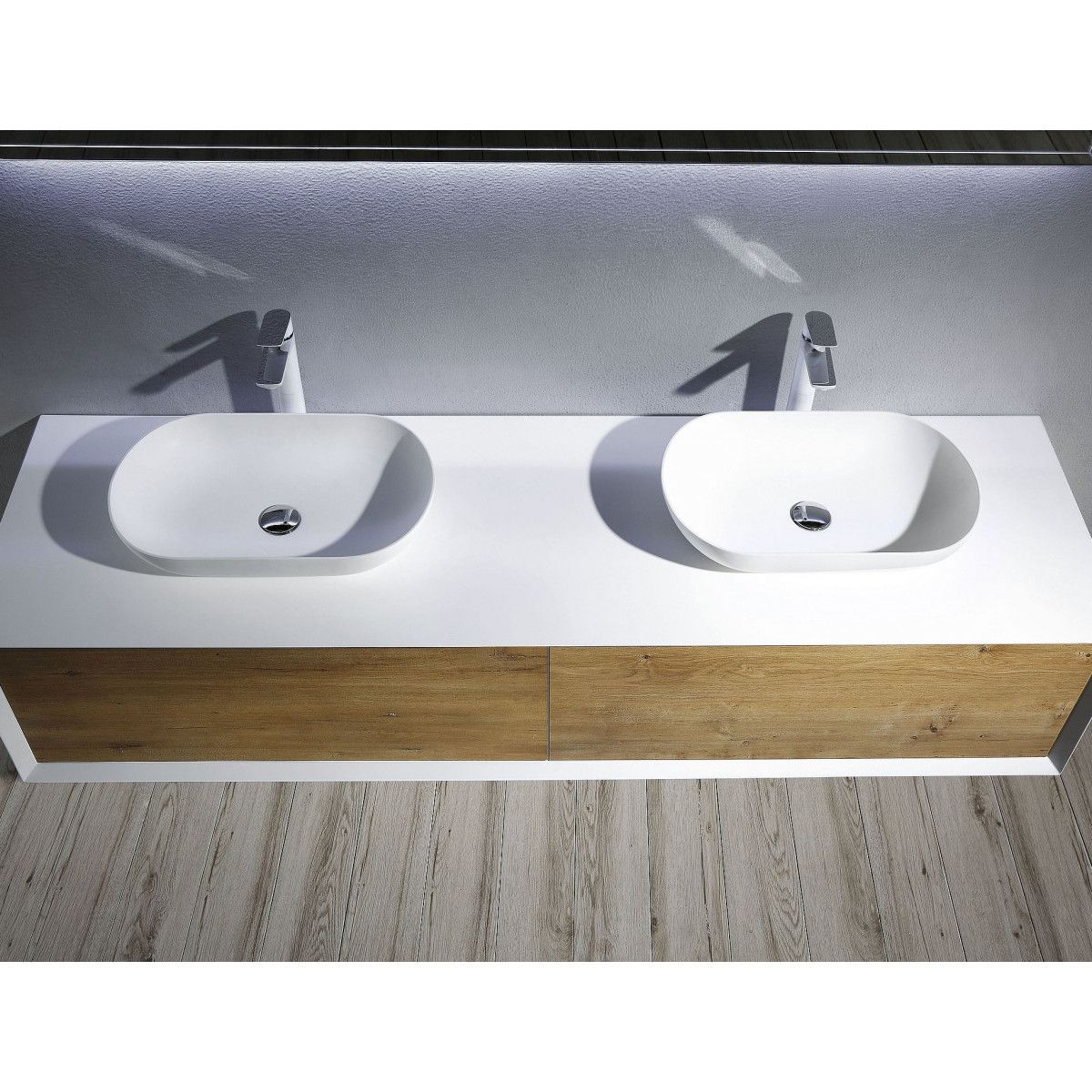 EGO-BELLA Badezimmermöbel aus Mineralguss mit zwei Waschbecken, MDF, 180 x 55 cm, Mattweiß, Push-to-open
