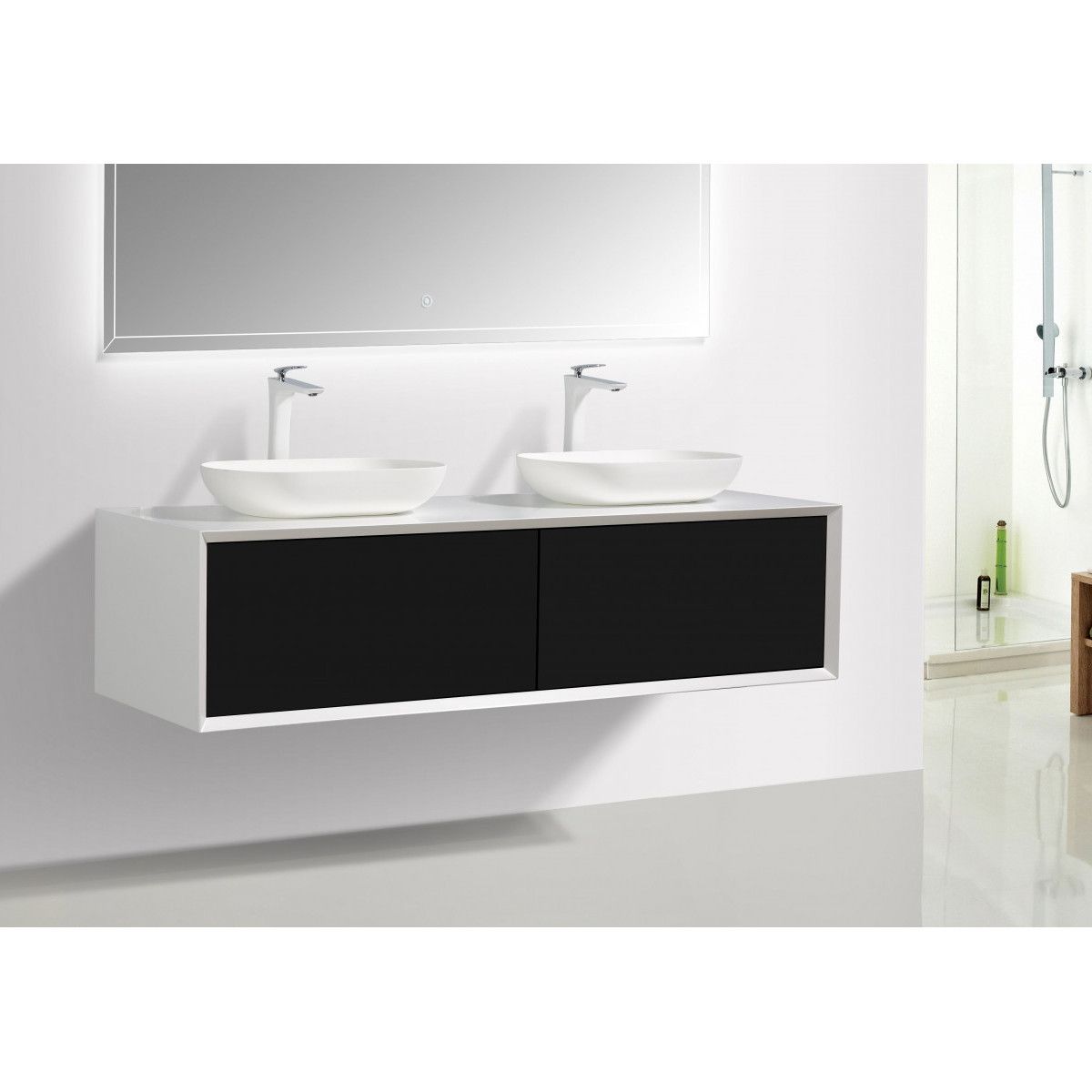 Badezimmermöbel EGO-BELLA mit zwei Waschbecken aus Mineralguss, 180 x 55 cm, Mattschwarz, Push-to-Open-Schublade