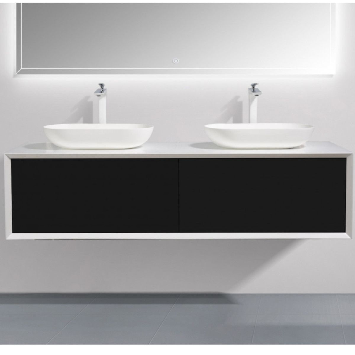 Badezimmermöbel EGO-BELLA mit zwei Waschbecken aus Mineralguss, 180 x 55 cm, Mattschwarz, Push-to-Open-Schublade